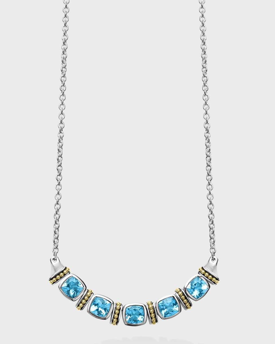 Caviar Color Blue Topaz 6mm Cushion-Set 5-Stone Chain Necklace